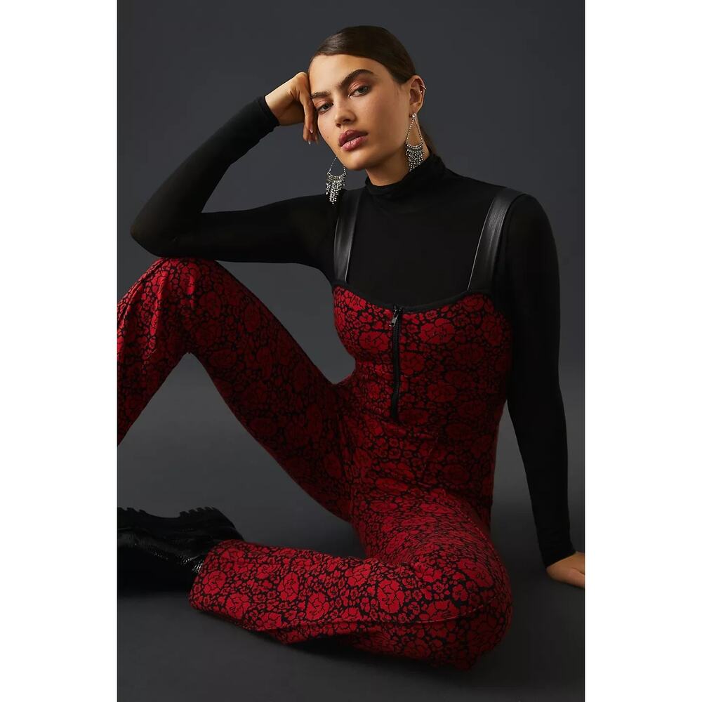 New Anthropologie Maeve Floral Sweetheart Jumpsuit $170 Sz 0 Red Motif Stretchy